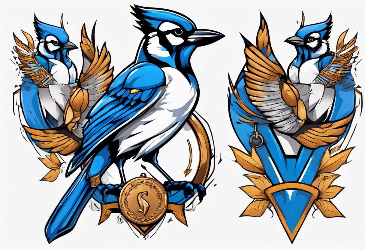 bluejay in a suit with a single medal tattoo idea