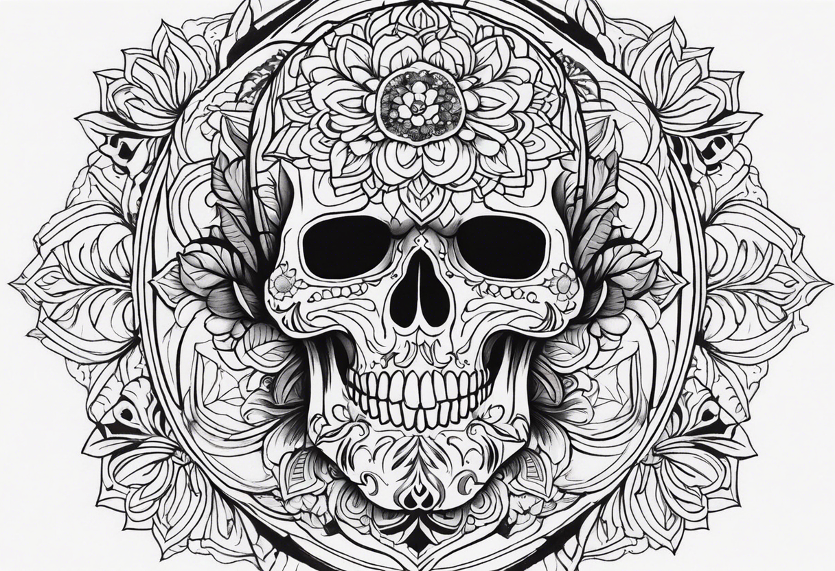 Draw me a realistic skull with black smoke out of his mouth add some flowers underneath with some mandalas at the bottom tattoo idea