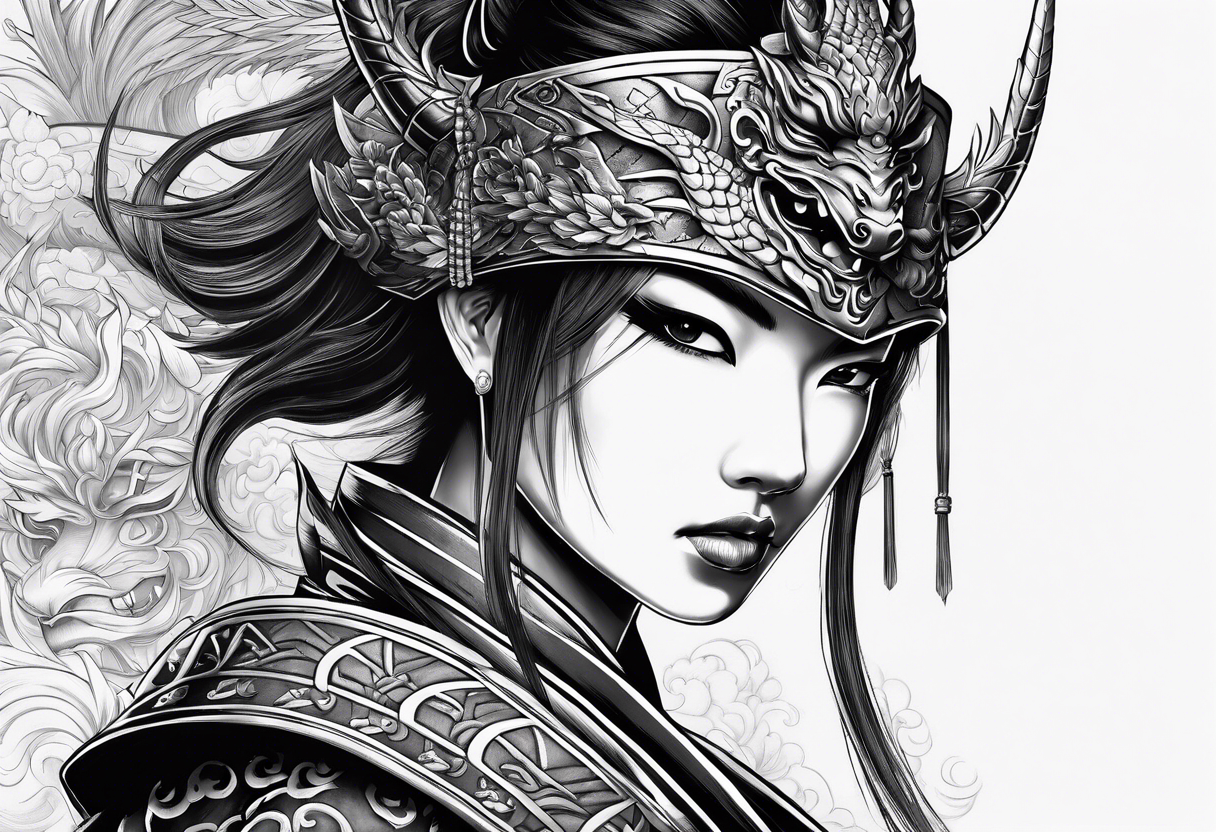 female warrior in samurai clothing half covering her face with a mask and twin dragons tattoo idea