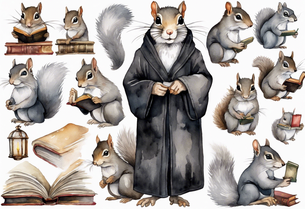 an elderly grey squirrel with a white beard and mustache wearing spectacles and a black robe standing in an ancient library tattoo idea