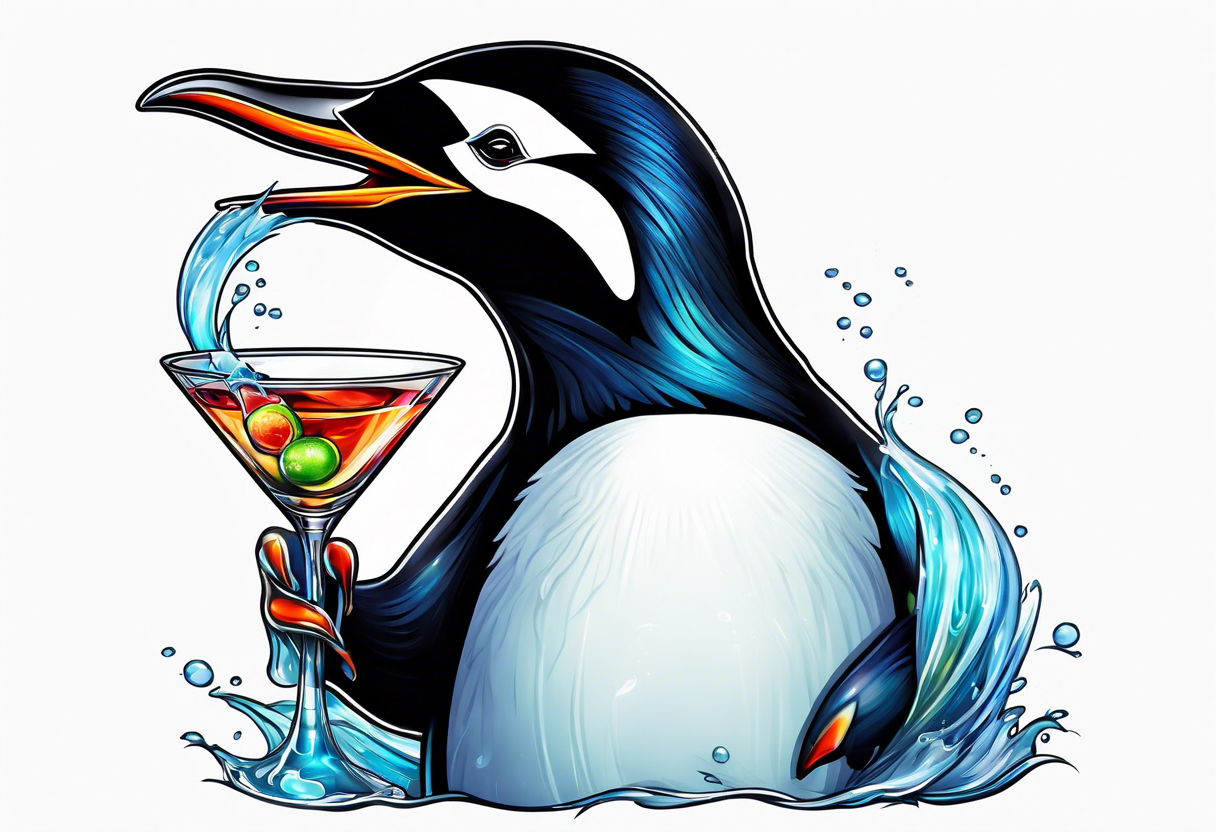 Classy penguin drinking a martini tattoo idea