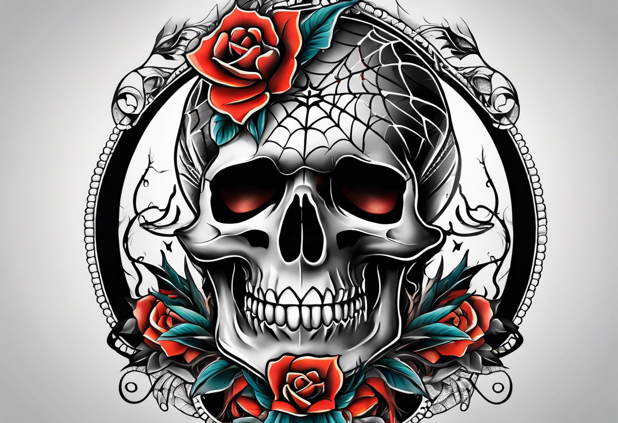 Traditional knee tattoo with skull and spider tattoo idea