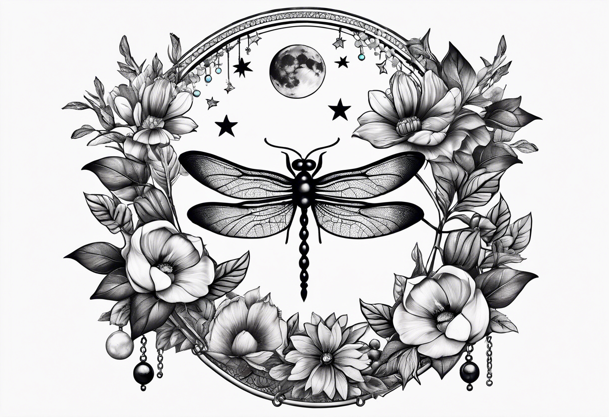 Floral moon phases with dragonfly and chain with stars in a line tattoo idea