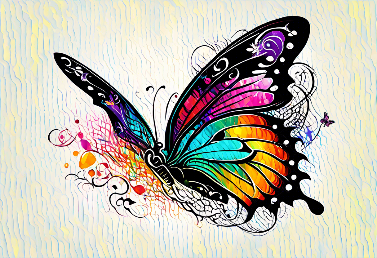 butterfly with one wing black scribbles, the other wing beautiful and colorful, the body has the date 1.9.2023 and the words written "I chose to live." tattoo idea