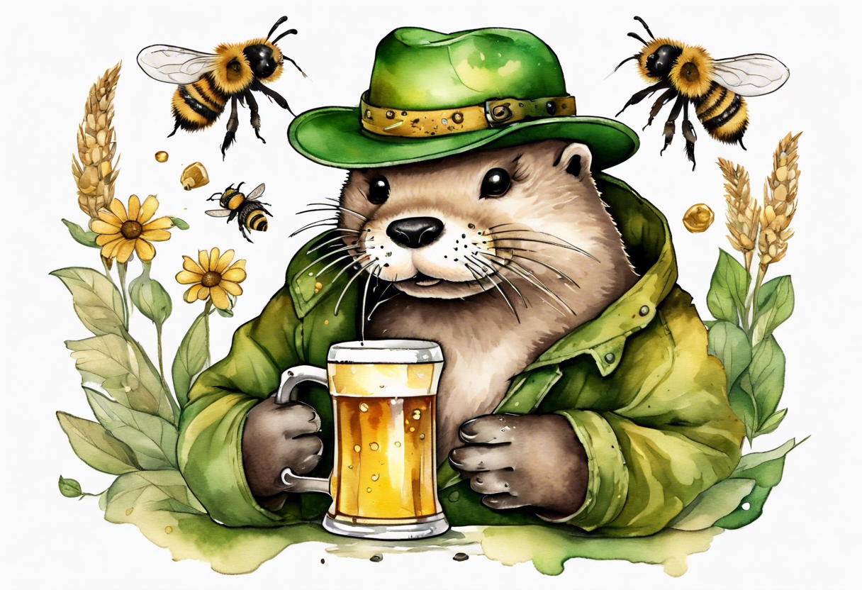 a fat otter wearing green overalls and a tattered straw hat covered in bees, drinking from a tankard of beer tattoo idea