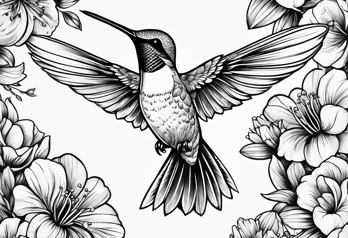 Humming bird surrounded by beautiful flowers tattoo idea