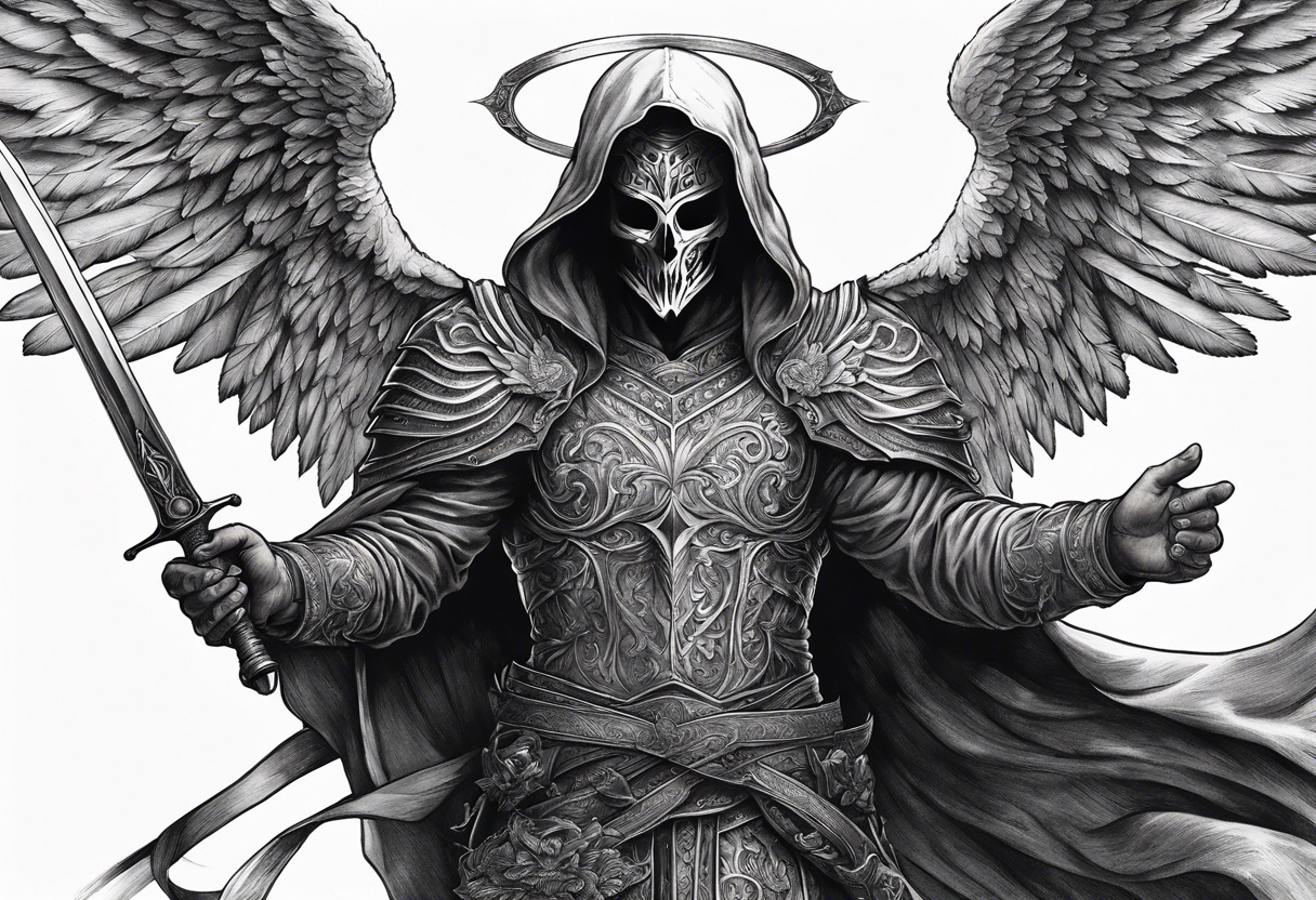 realistic angel of death, man, full body, no face visible, holding one sword, sword pointing downwards, both hands are holding the sword tattoo idea