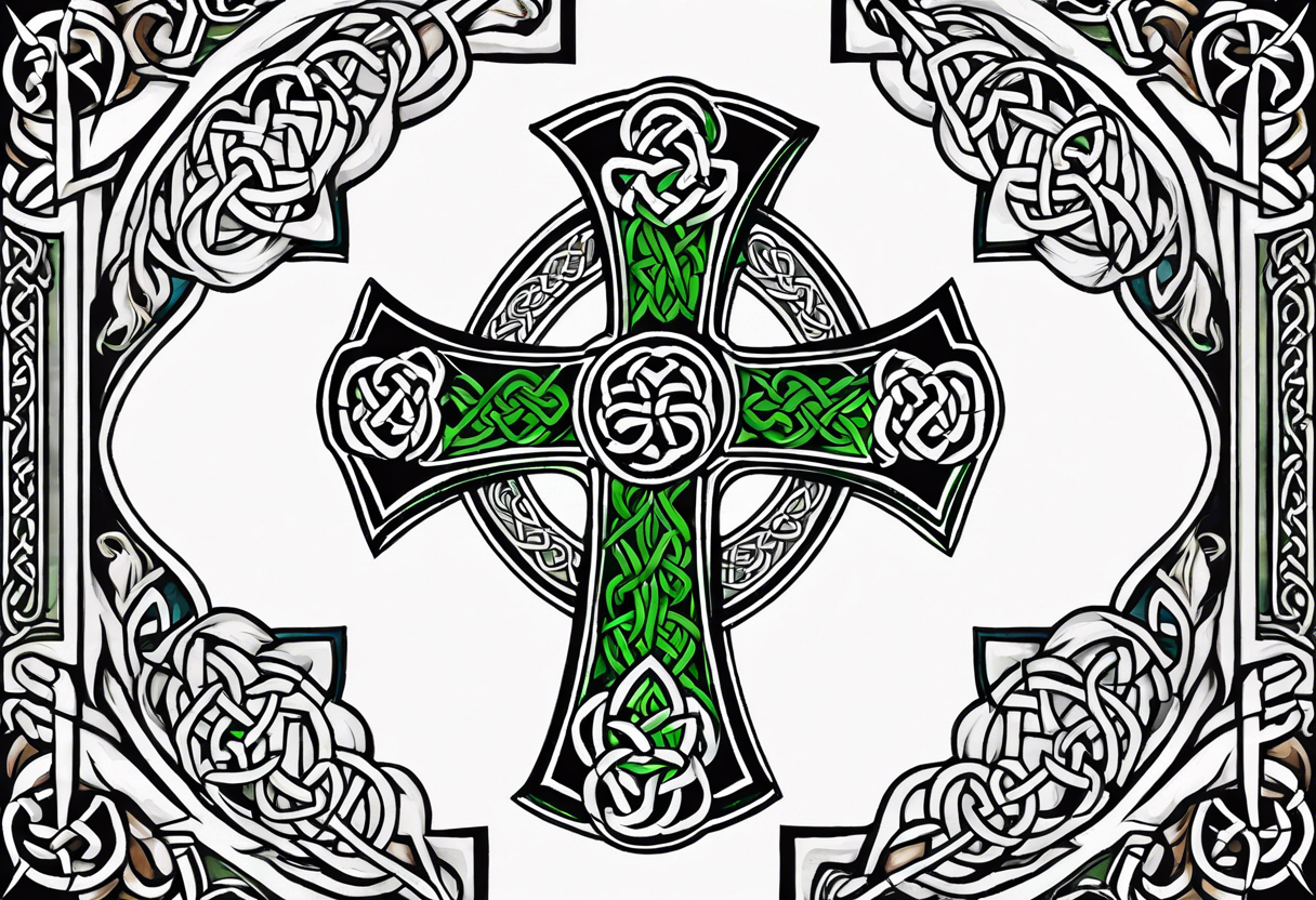 Celtic cross, shamrock in center of cross, one Indian feather hanging from each side arm of cross tattoo idea