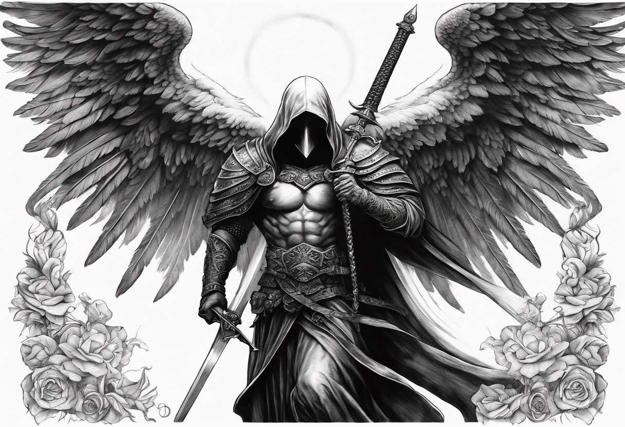 realistic angel of death, man, full body, no face visible, holding one sword, sword vertically pointing downwards tattoo idea