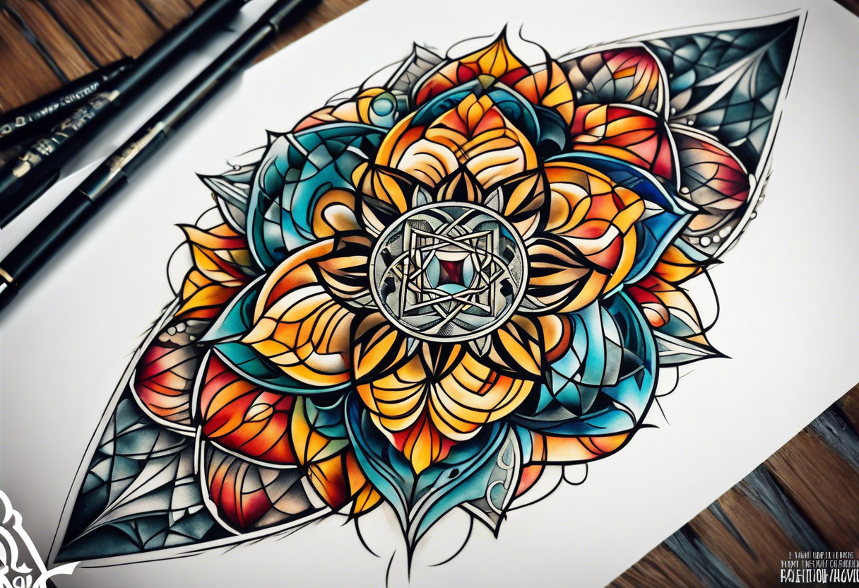 knee tattoo with sacred geometry, swirls & washes, background and in fall colors tattoo idea