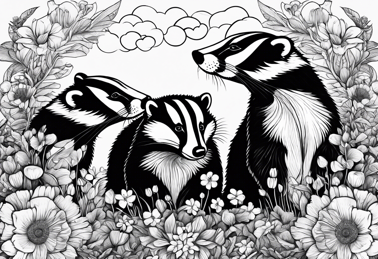 Trippy, pair of badger siblings in a field of flowers smoking a cigar tattoo idea