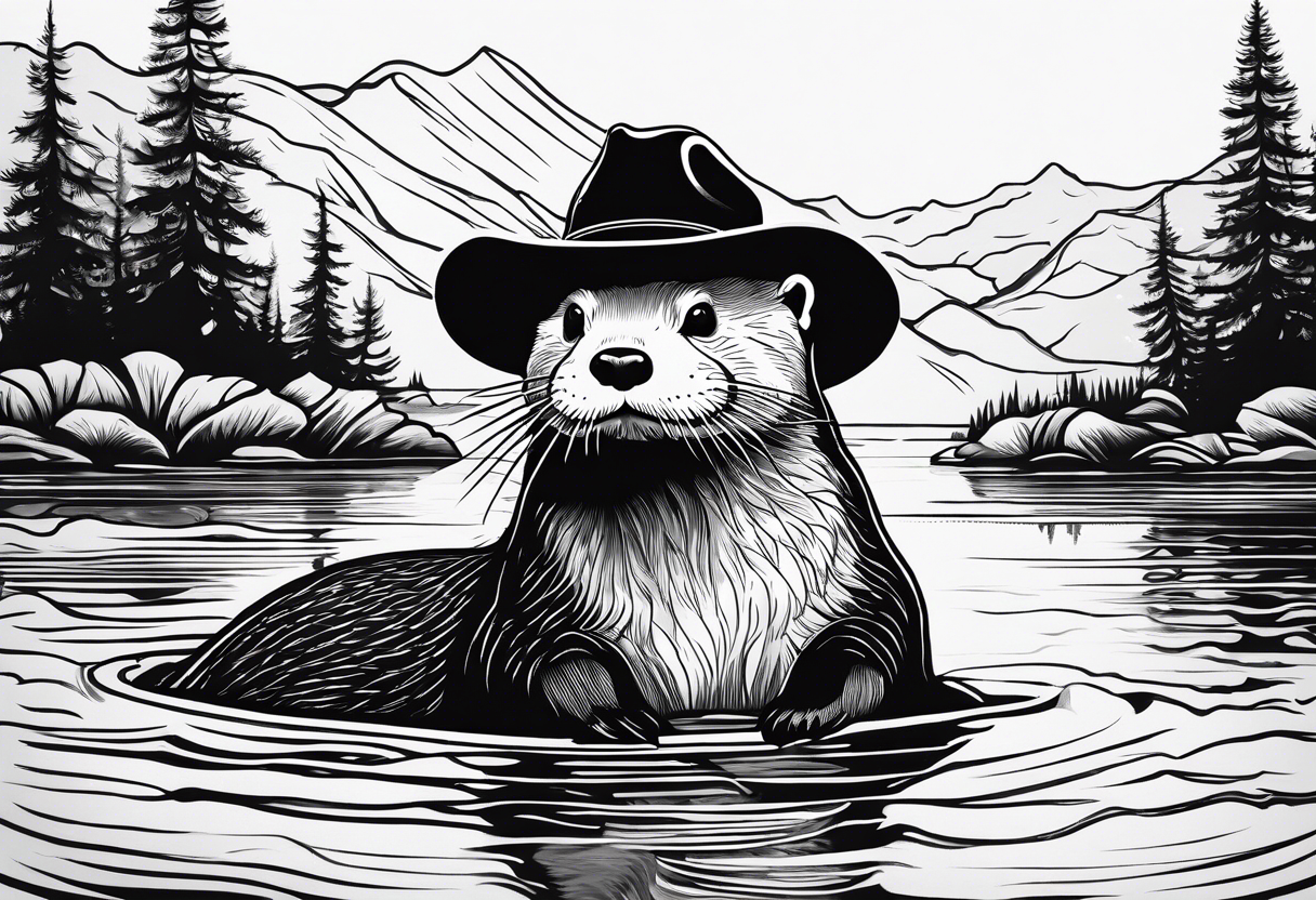 an otter floating on its back in a lake with a cowboy hat tattoo idea