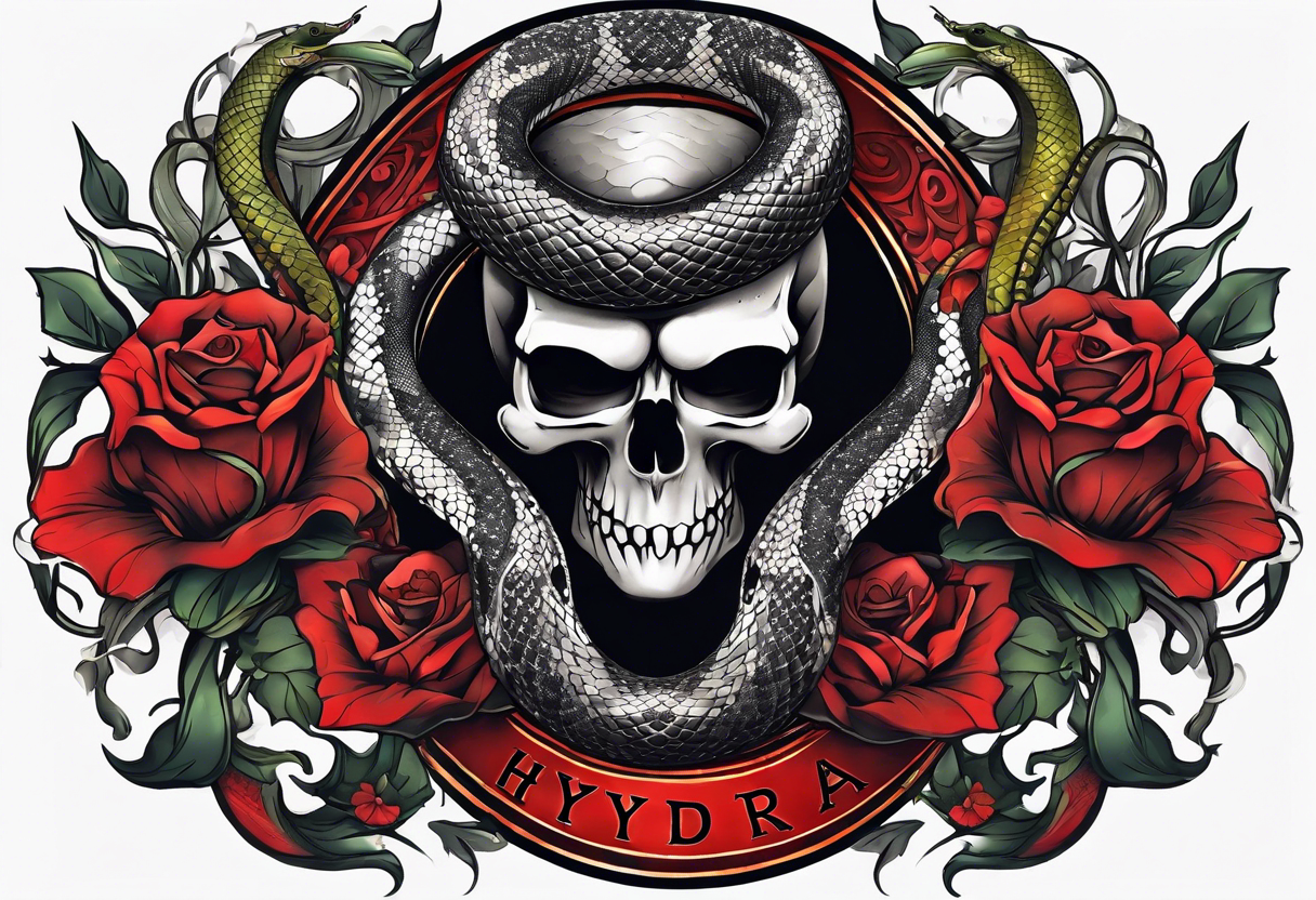 snake sleeve tattoo with skull, snake as focal point, with the word Hydra on it tattoo idea