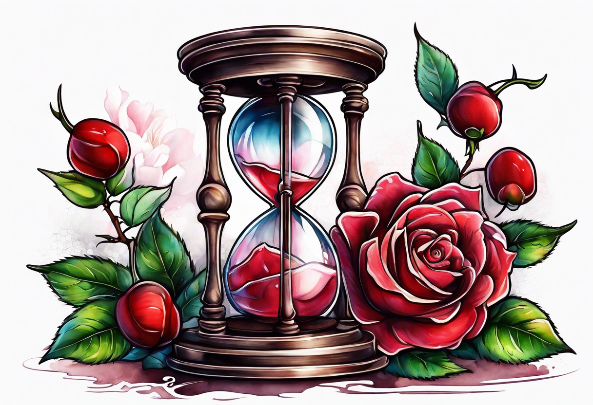 Rose beside hourglass with cherry tree tattoo idea