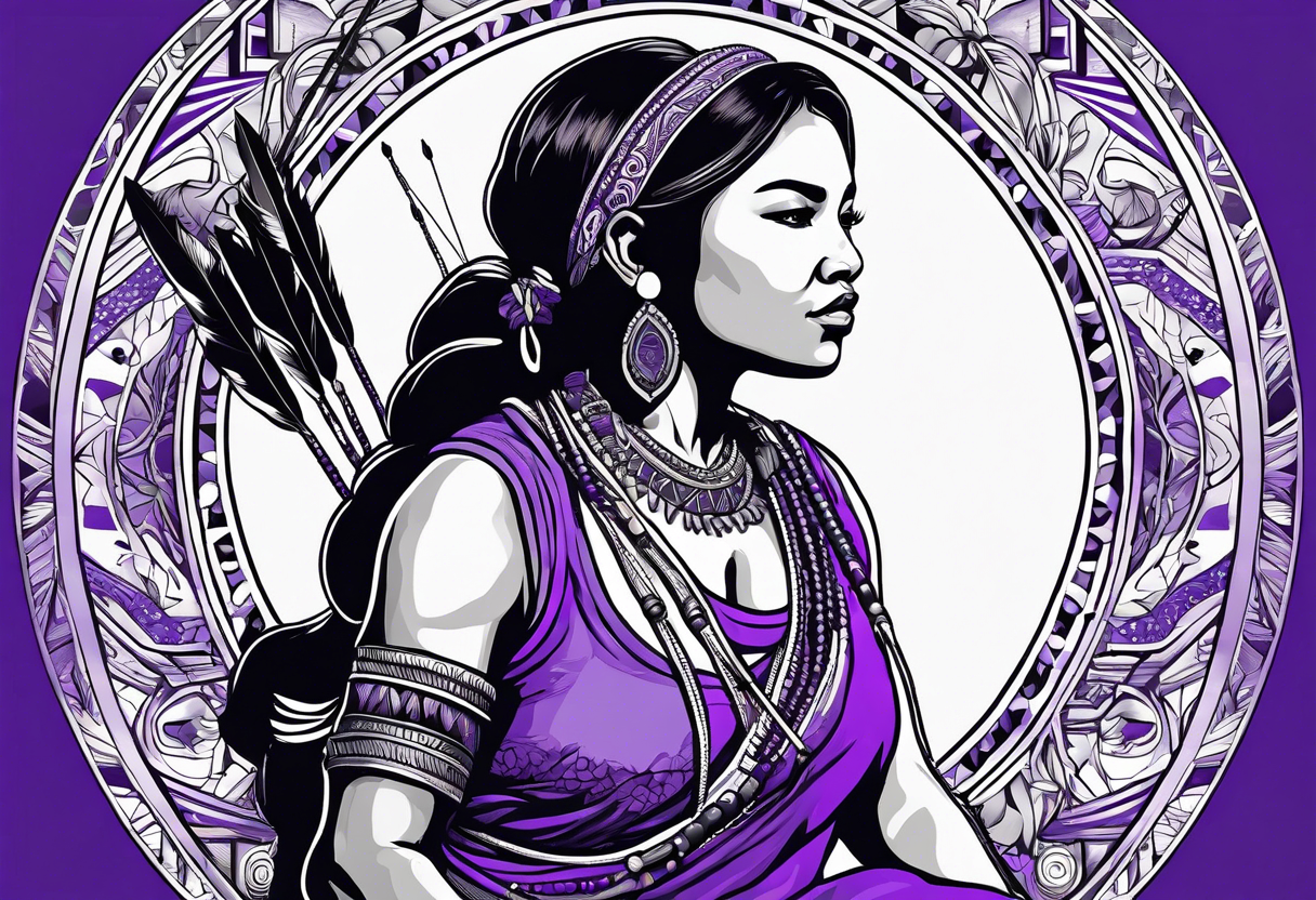 native woman female archer with bead headband sitting on a purple buffalo standing still tattoo idea