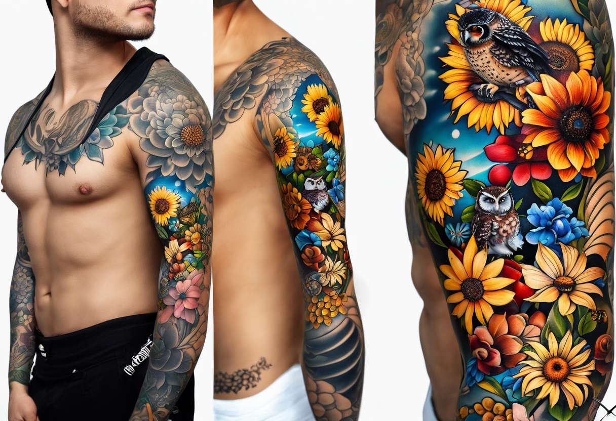 A lower forearm sleeve full colour mandala flowers, and owl, bees