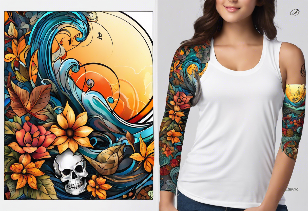 arm sleeve with fall colors, flowers, water flow shapes, leaves and various natural shapes, music notes, skulls tattoo idea