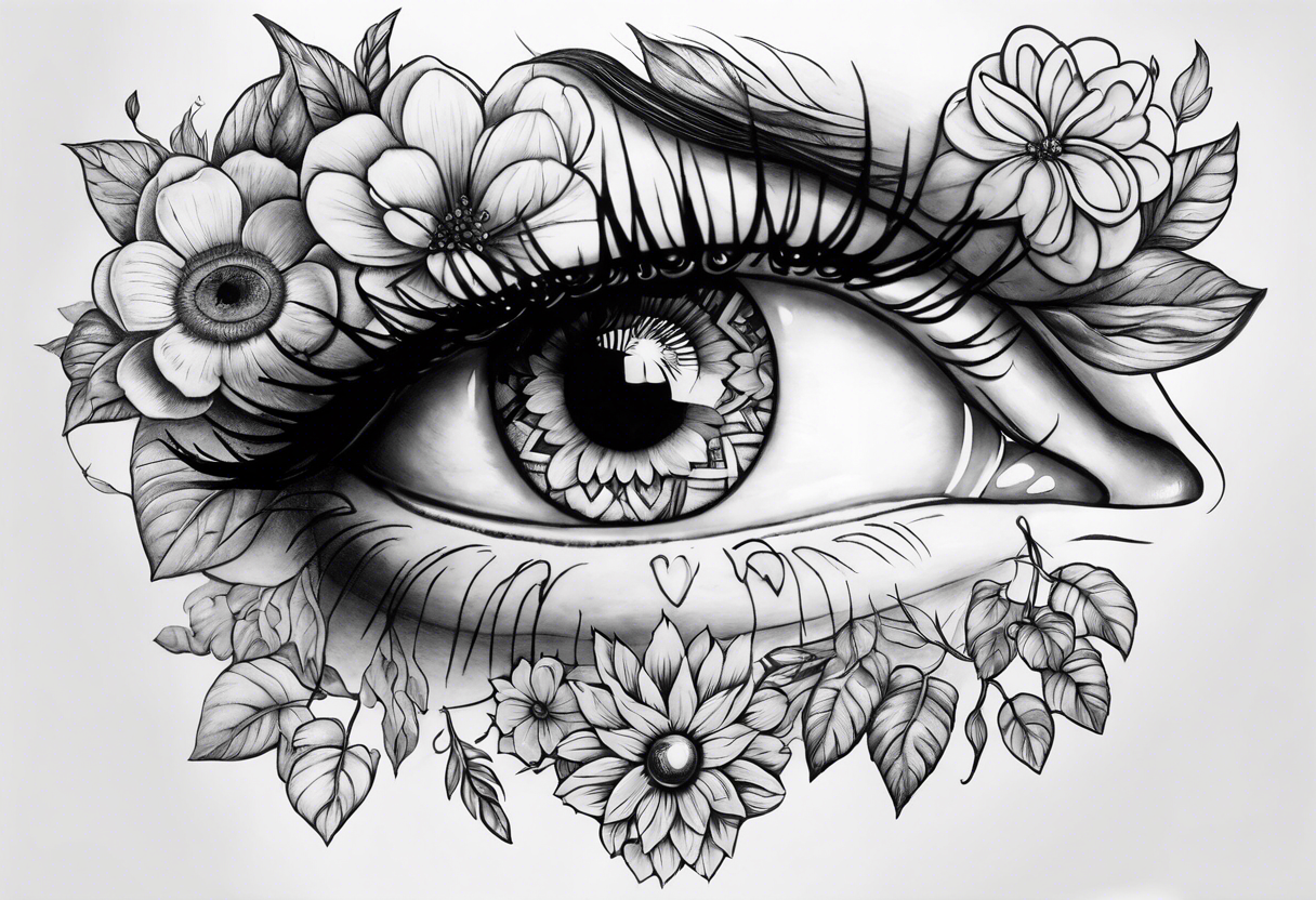 Hearts and flowers with an eye with two girls inside the pupil tattoo idea