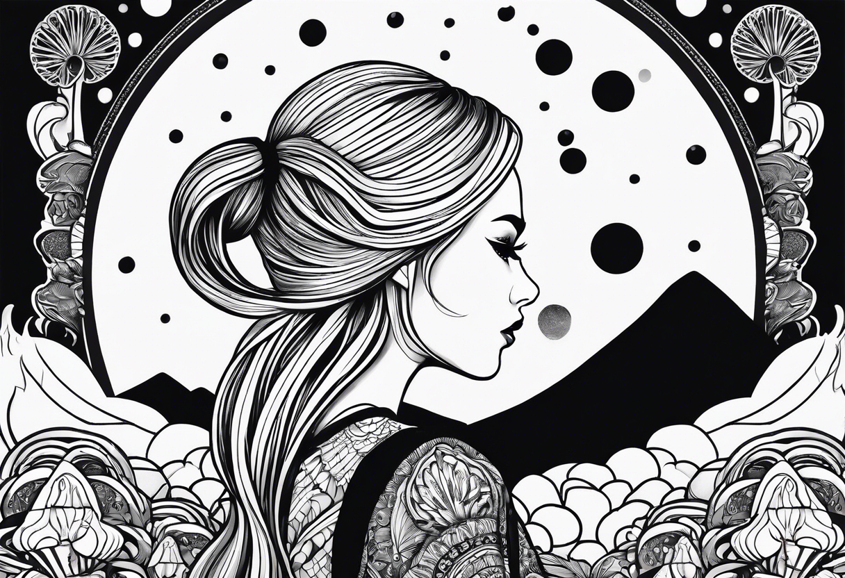 Straight blonde hair girl facing away toward mountains surrounded by mushrooms crescent moon mandala circular design black and white striped dress figure 8 tattoo idea