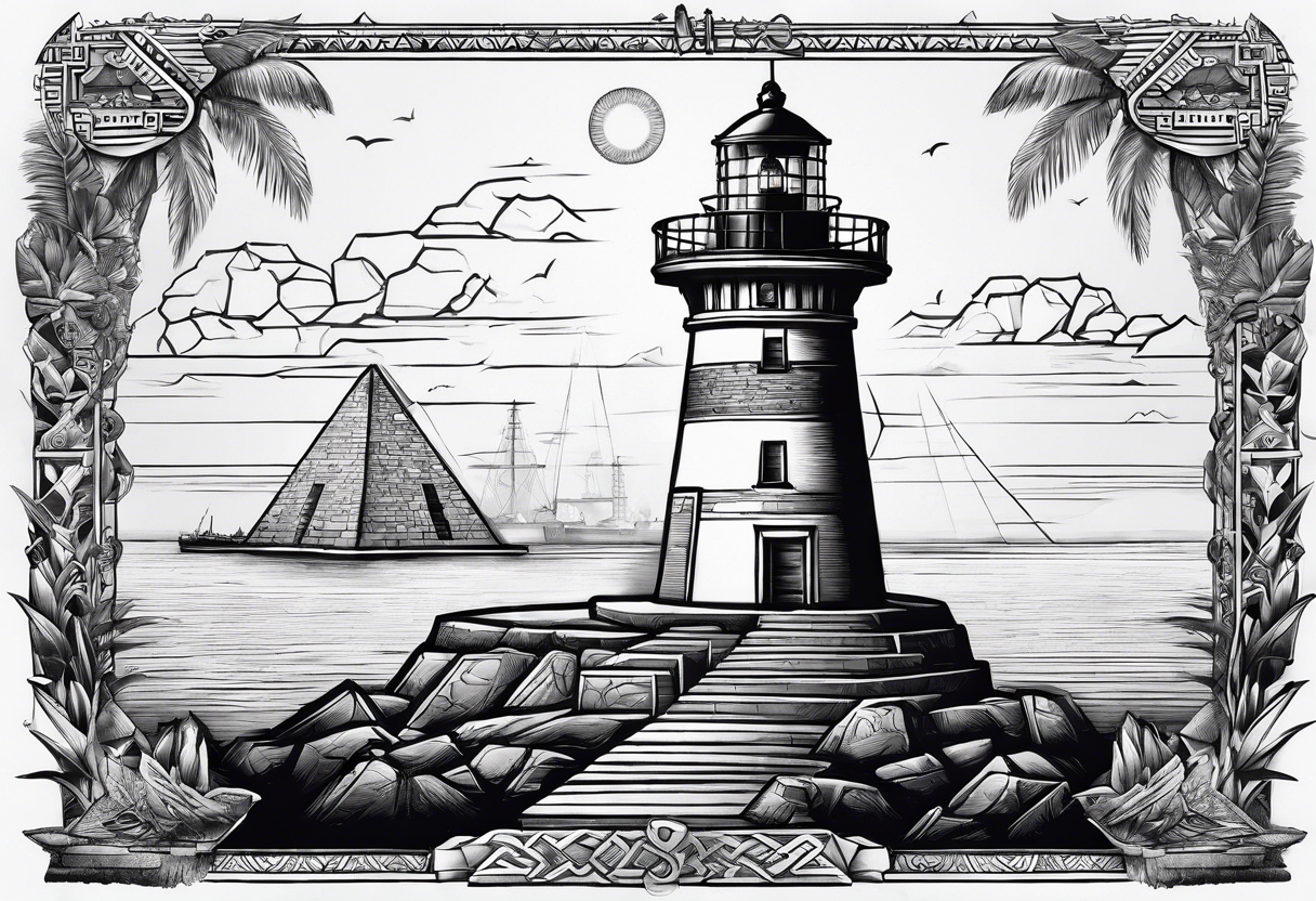 Lighthouse of Alexandria with heiroglyphics above it, pyramids in background tattoo idea