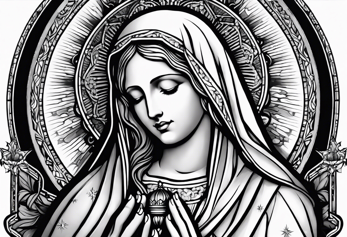 Blessed virgin Mary with praying hands that have a rosary wrapped around and sun beams and church windows behind her. tattoo idea