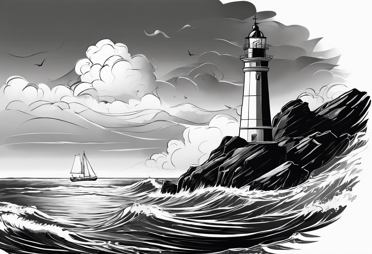 phare maritime sur un petit bateau a voiles. tattoo idea