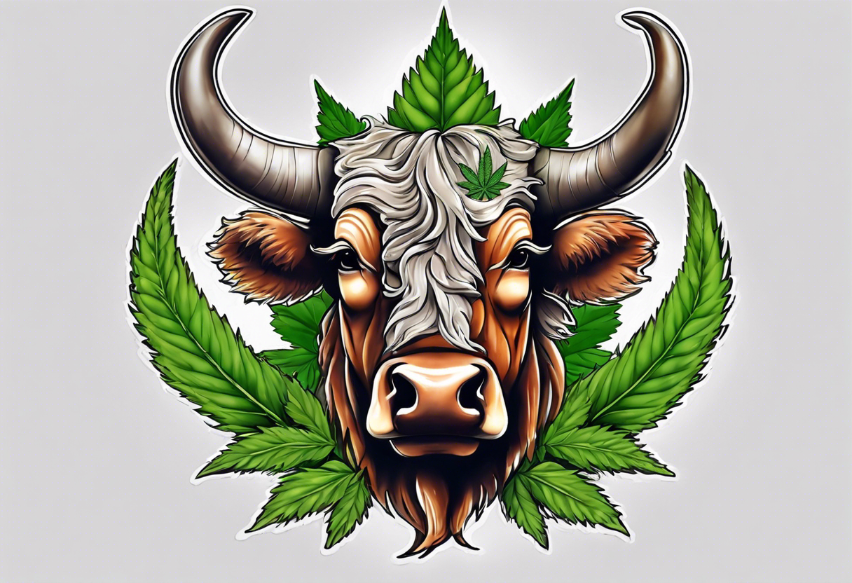 Taureau avec cannabis et qui bois whisky tattoo idea