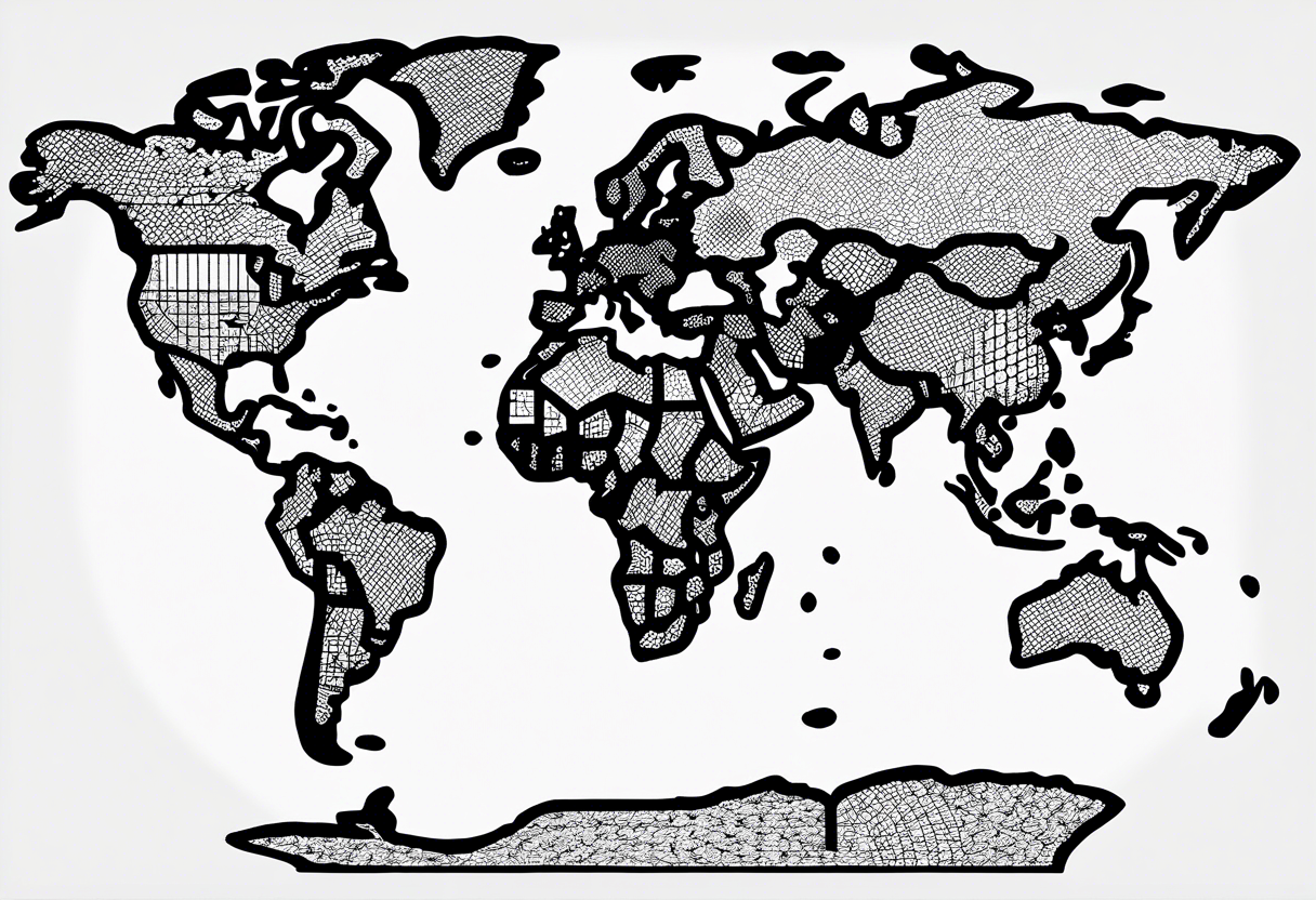 the earth with a flat map design without borders with very light shading placed on a grid tattoo idea