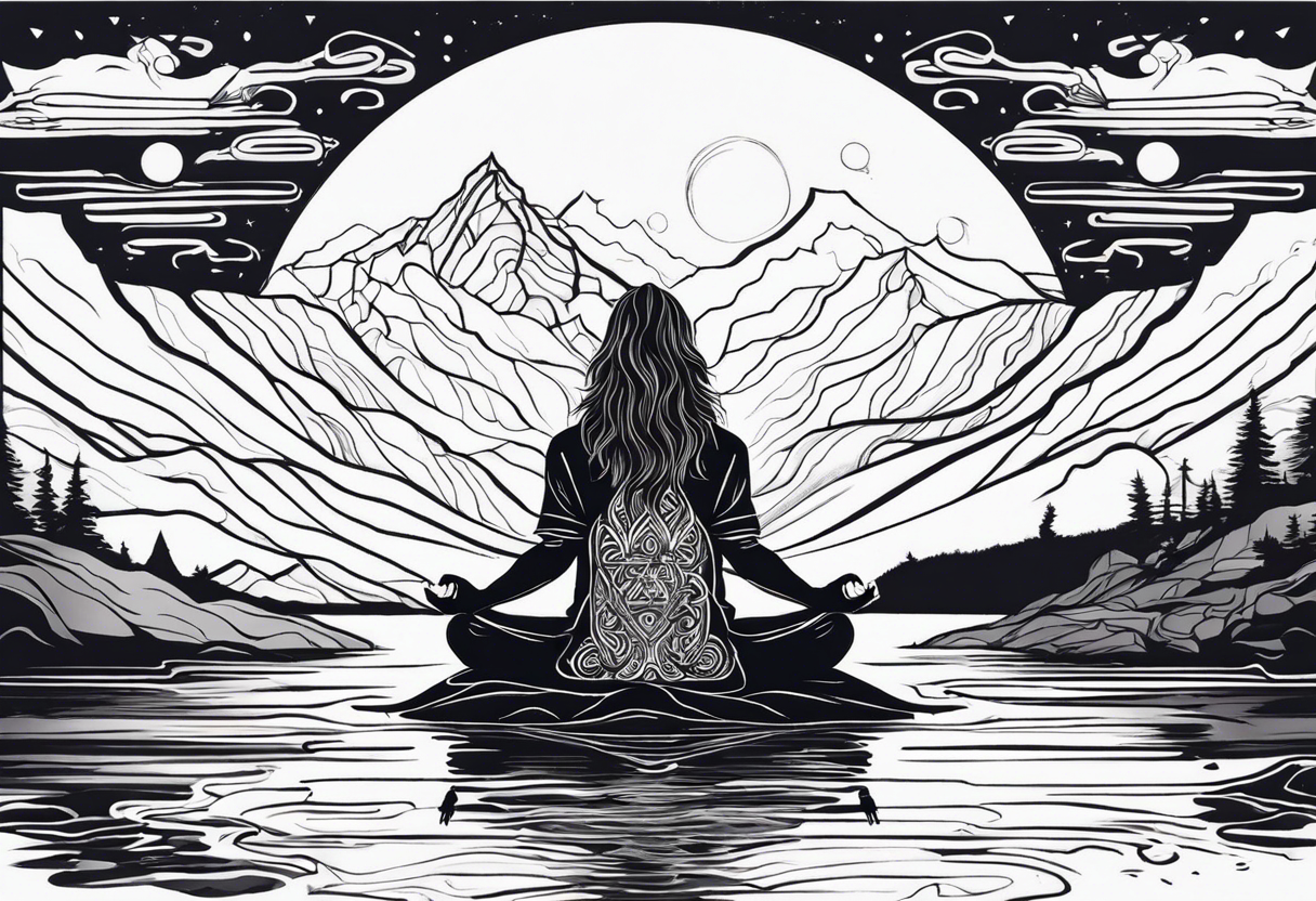 a meditating long haired man by the mountain river, the sky is covered with spiritual pattern tattoo idea