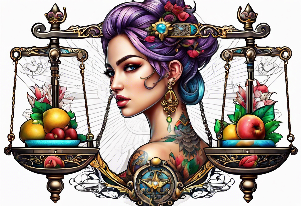 Intricate libra scales held by a beautiful woman tattoo idea