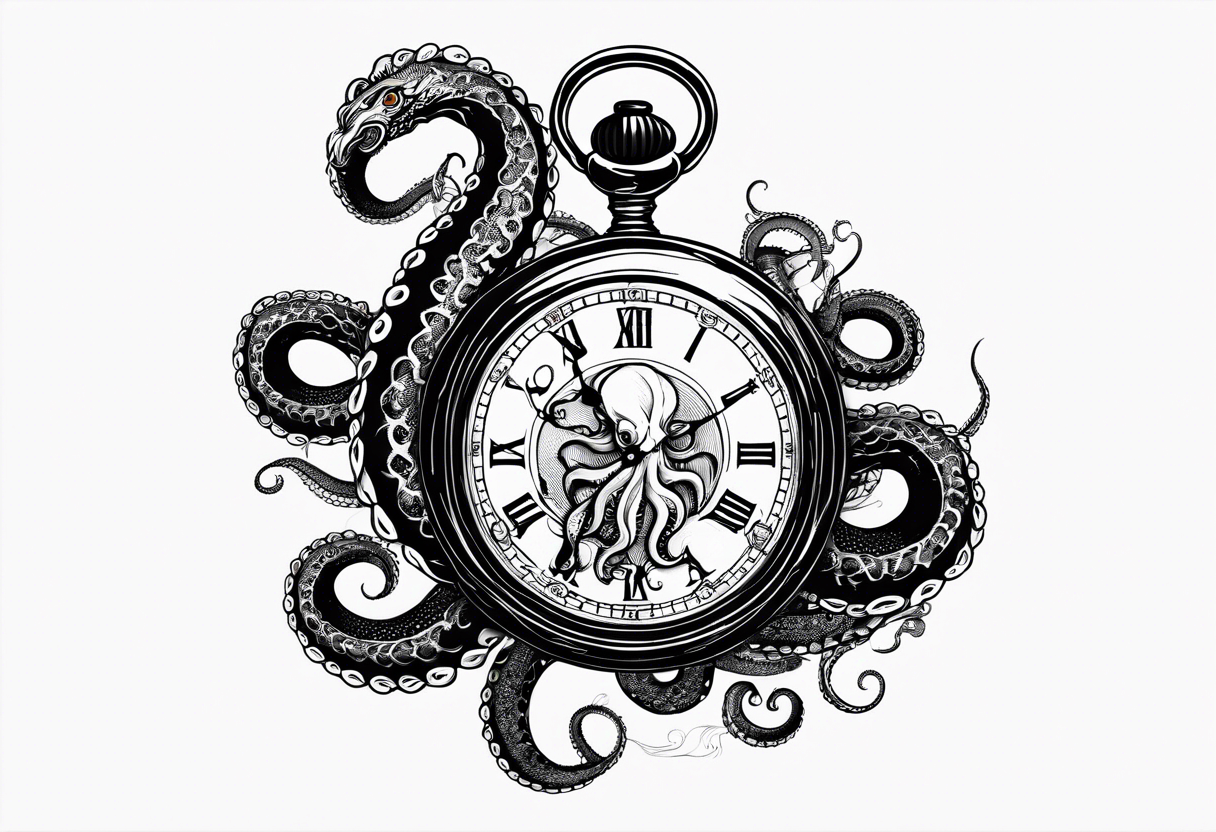 pocket watch being attacked by an aggressive octopus tattoo idea