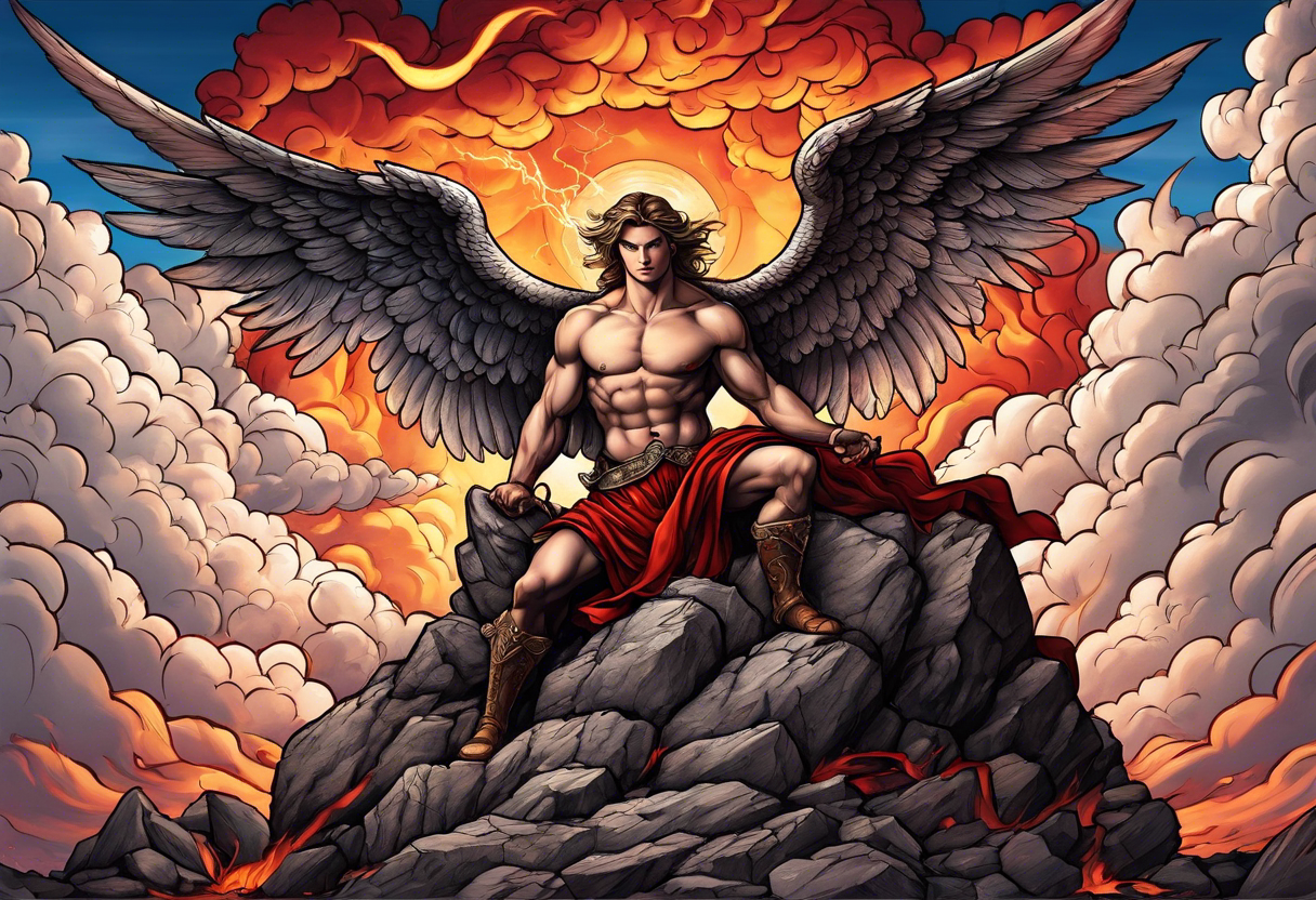 Michael the Archangel standing on top of the devil laying on rock over hot lava.  Clouds and lightning in background. tattoo idea