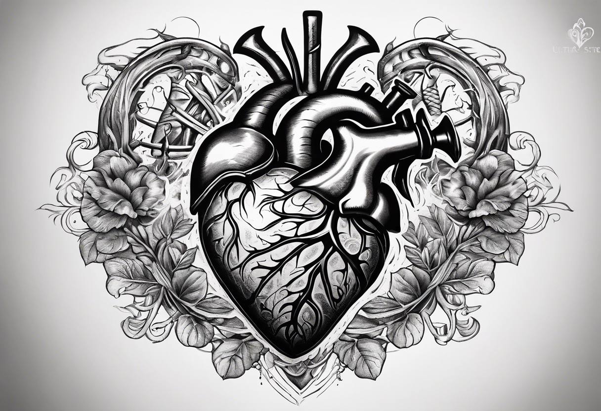 real looking anatomically correct heart that appears to be alive and pumping blood with an ancient anchor penetrating completely through it tattoo idea