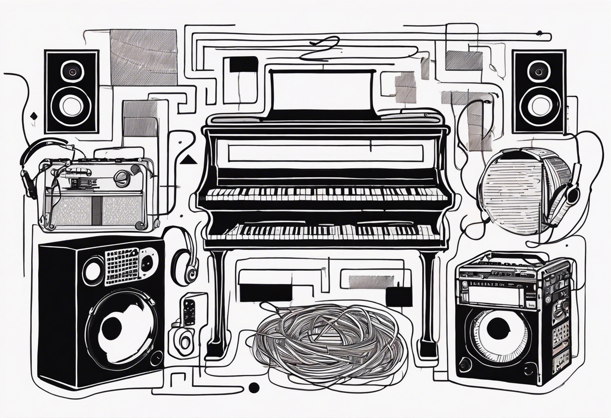 Piano, drums, guitar, speakers, headphones, cassette tapes, woven and interconnected by lines and cables. tattoo idea