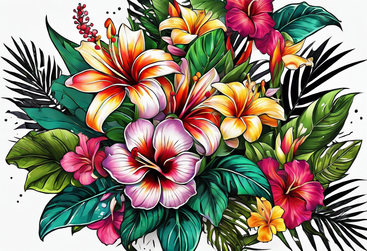 TROPICAL FLORAL, PHILLIGRY, INTRIATE, DETAILED, COLORFUL, BRIGHT, STREETWEAR, URBAN WEAR. CLIP ART tattoo idea