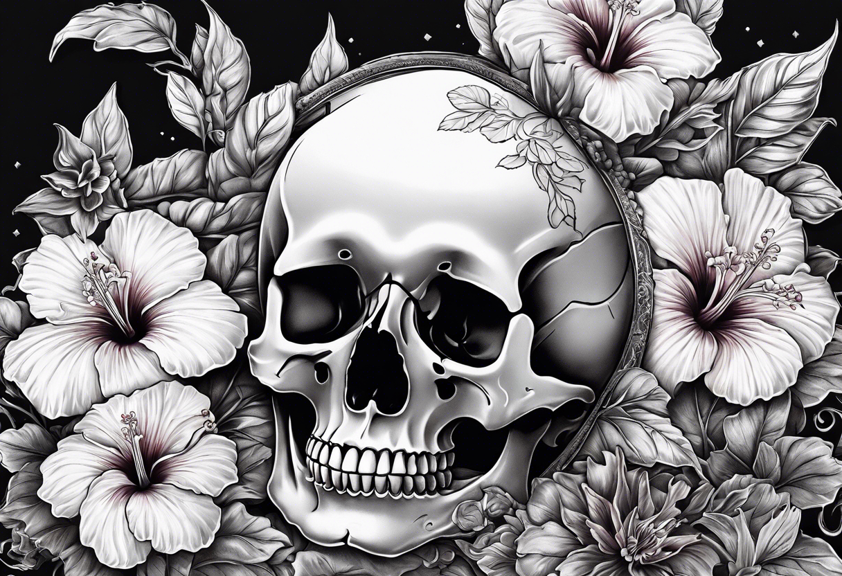 a  female skeleton of bones laying in a bed surrounded by hibiscus flower. tattoo idea