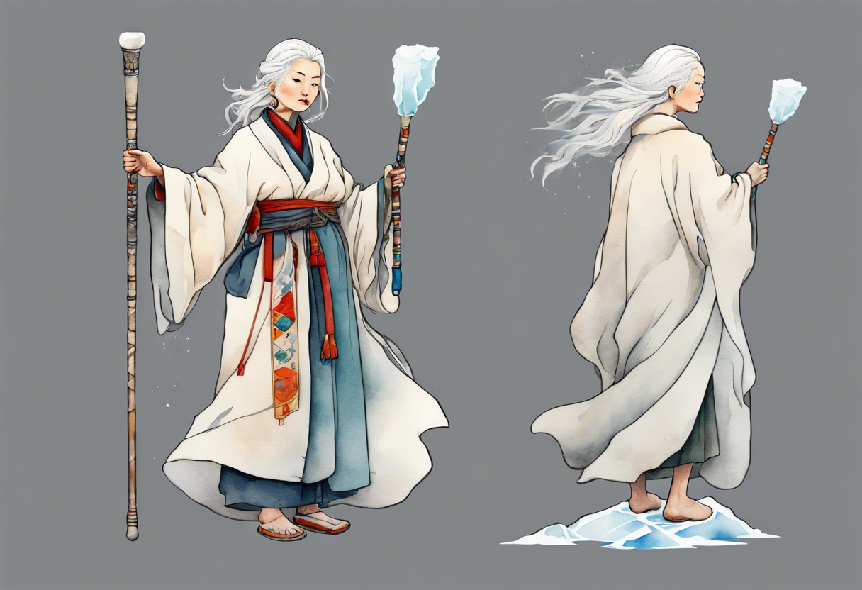 a 40 year old Sami woman with white hair and a white robe holding a white staff, standing on an iceberg tattoo idea