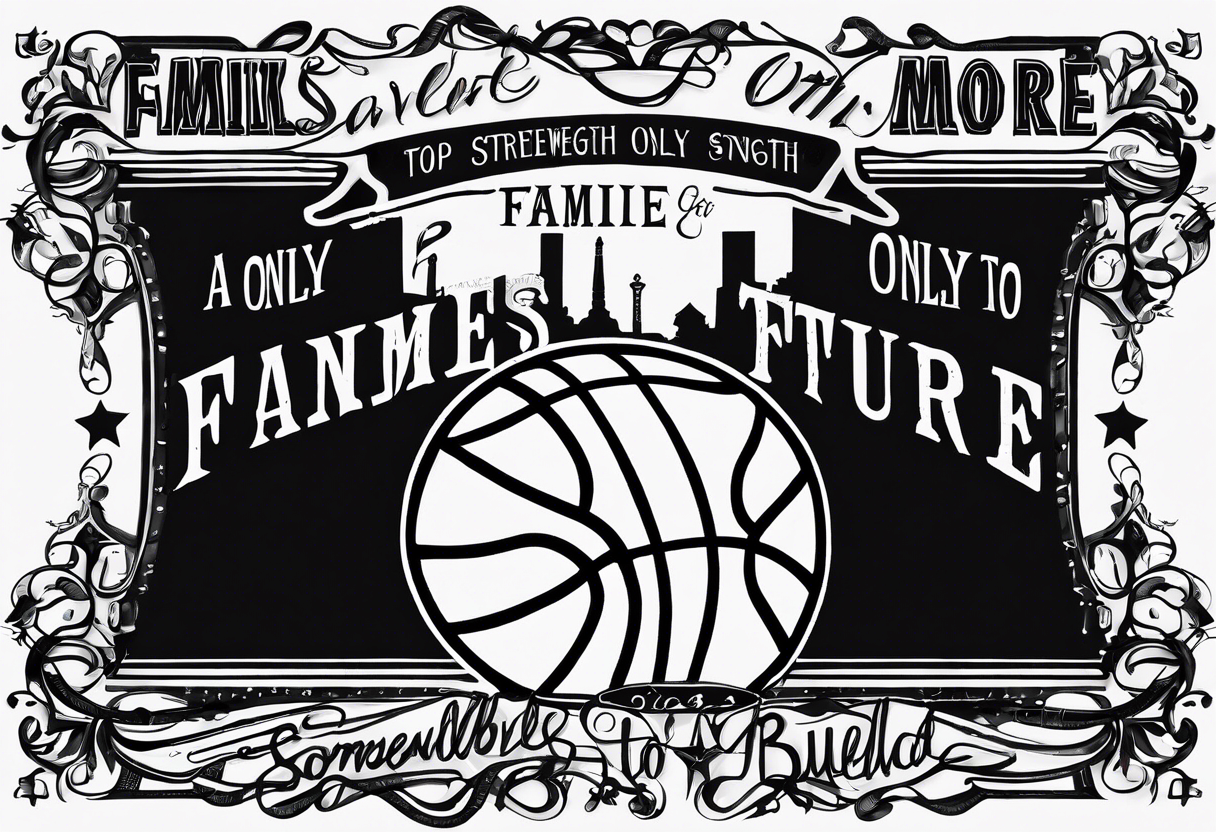 this saying in cursive 
"A families past only builds strength to our future" through or around a basketball with the name Moore Somewhere tattoo idea