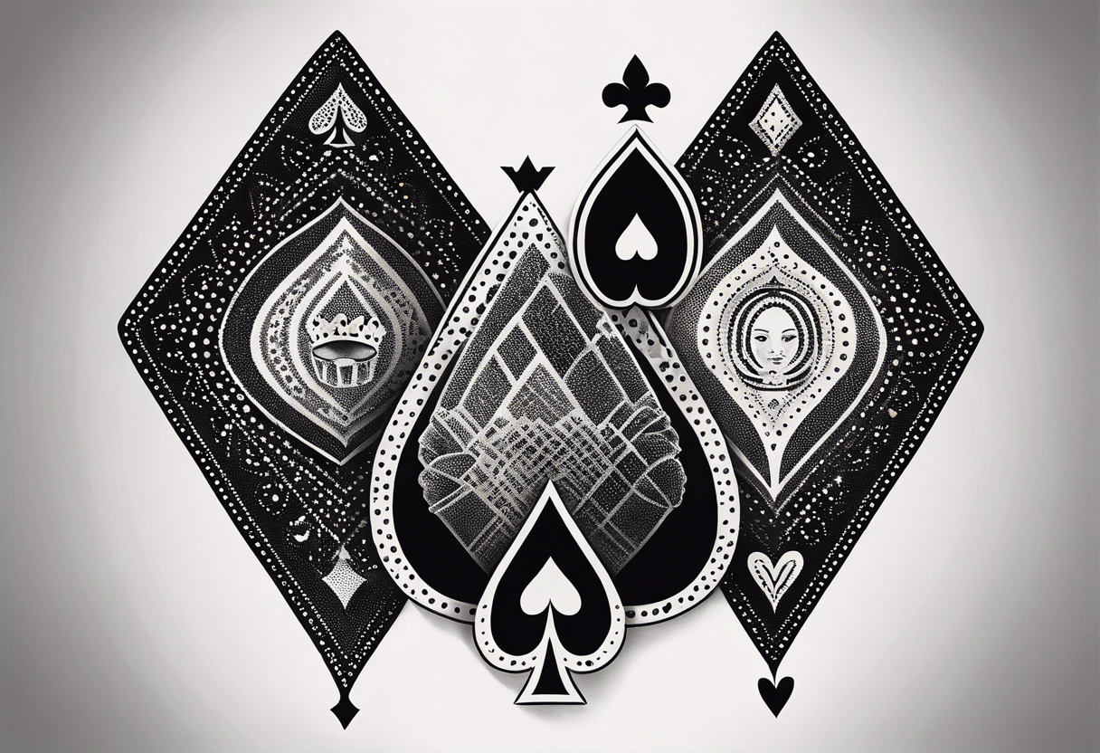 one combined tatto in minimalistic style with icon style three king of spades and icon style one queen of hearts. extreme minimalstic and few lines. much more minimalistic and fewer lines tattoo idea