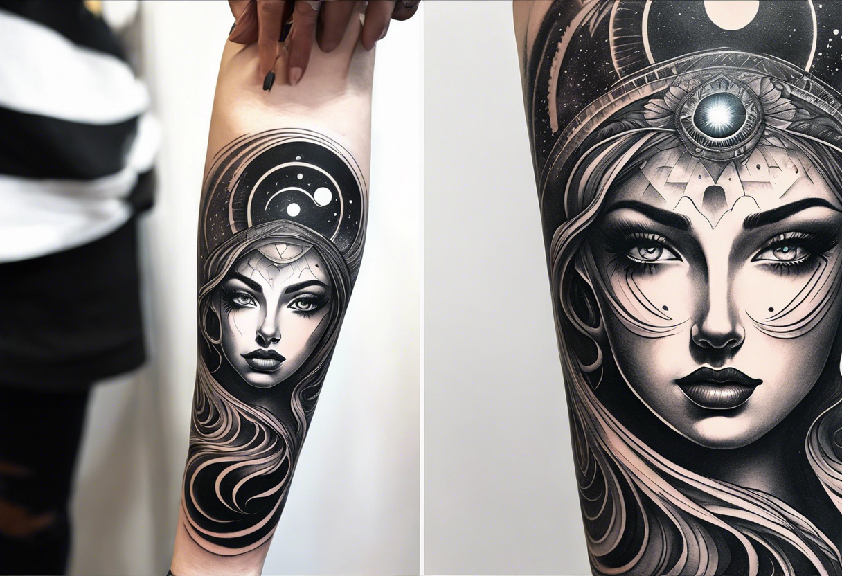 A surrealistic forarm sleeve tattoo featuring beautiful goddess’s face with glowing eyes creating the universe. Above her in the background is a black hole with a man being lifted into it tattoo idea