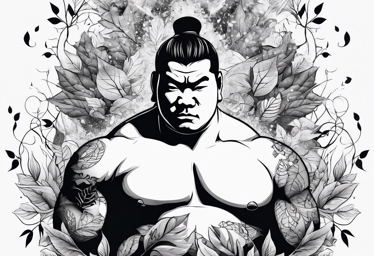 sumo wrestler face surrounded by falling leaves tattoo idea