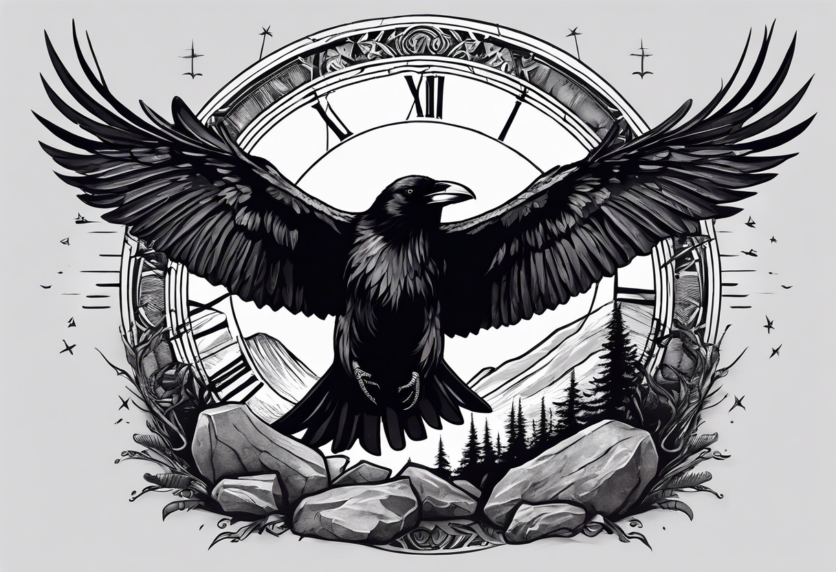 raven attacking a rock with the roman numeral seven and the text Omnia Urunt inscribed on it. tattoo idea