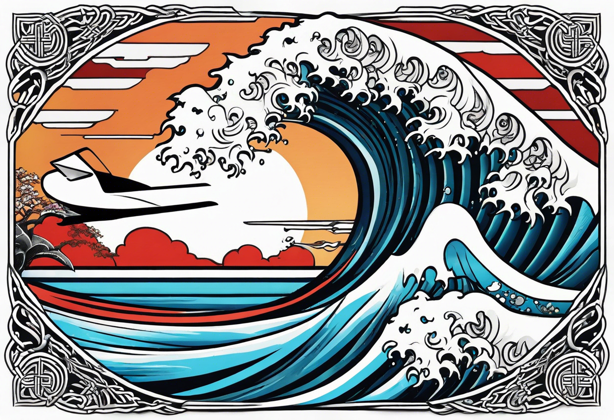 japanese wave mixed in celtic patterns equally. surfer. kamikaze plane tattoo idea