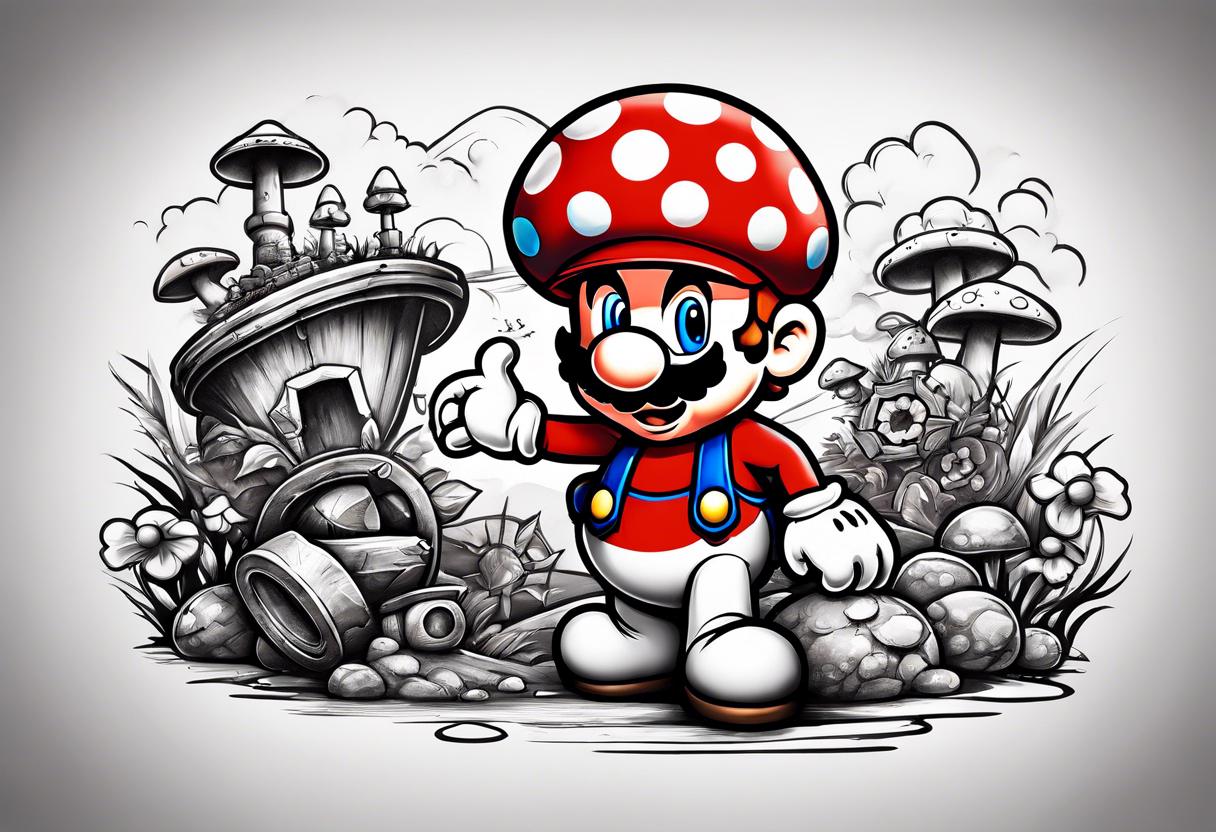 Mario brothers with toadstool and cannons and bombs tattoo idea