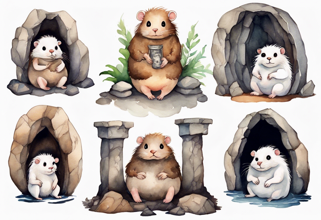 a solitary fat female mole with skin covered in short white fur with brown dreadlocks and big eyes sitting in stone throne in a cave tattoo idea