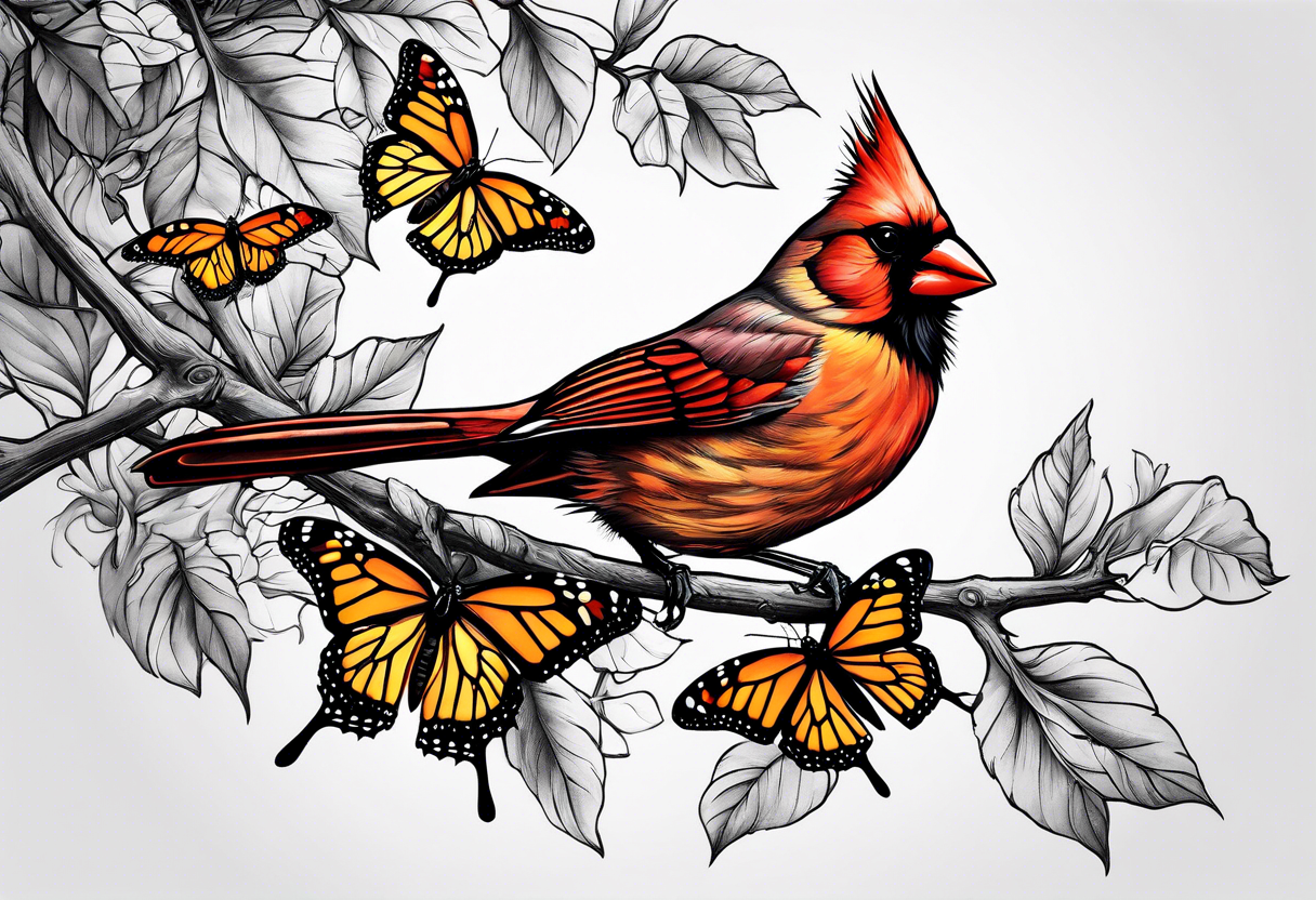 Female cardinal on a branch with monarch butterfly flying tattoo idea