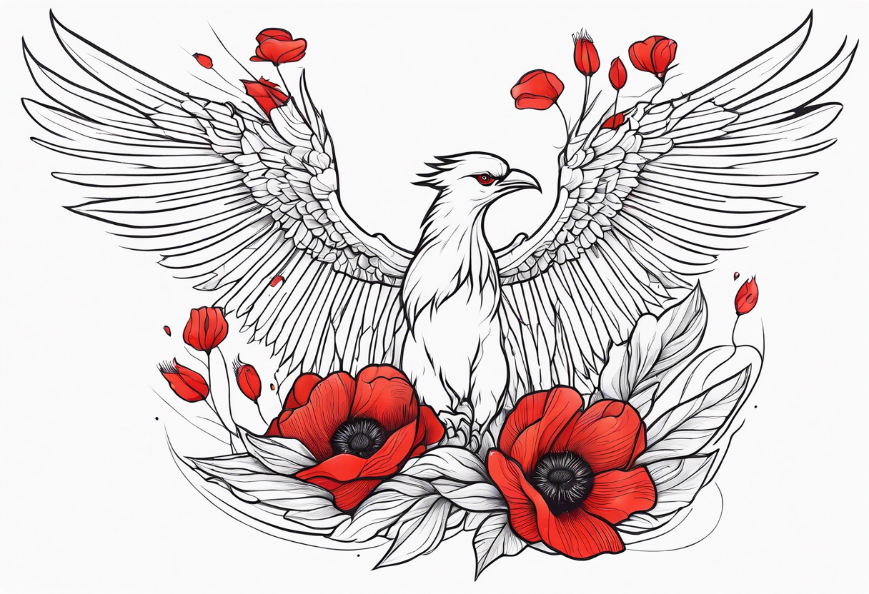 elongated pheonix holding red poppies in claw tattoo idea