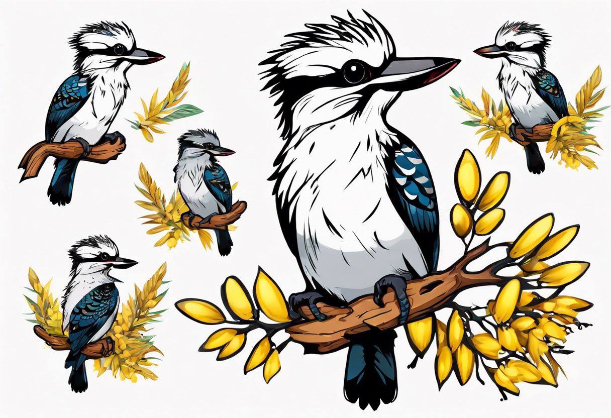 kookaburra sitting on wattle leaves tattoo idea