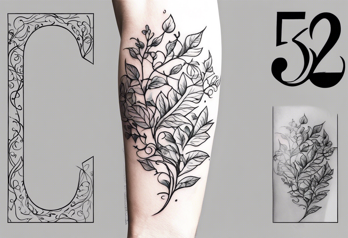 the following numbers 31.8742° N, 91.1366° W, with very simple ivy vines on both sides.  it will be small fine line on the back of the arm above the elbow tattoo idea