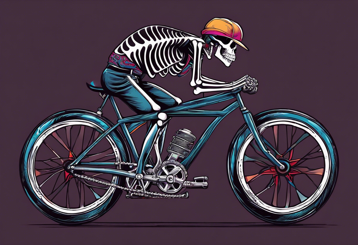 skeleton wearing 80s style licra and cap rides a racing bicycle. The skeleton is grinning at the viewer. There is no background image tattoo idea